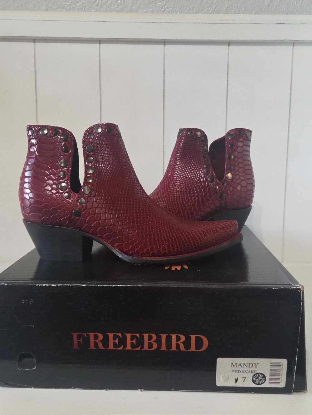 freebird Burgundy Snake-Embossed Studded Ankle Booties